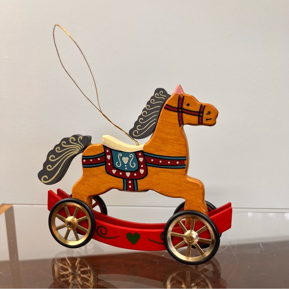 Vintage Sylvestri Christmas Tree Ornament Rocking Horse W Wheels Wooden